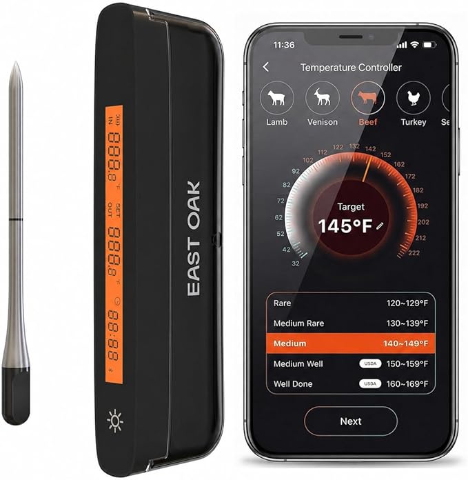 East Oak Wireless Meat Thermometer | 5-Sensor Precision for Chef-Level Results | Extreme Heat Resistance to 932℉| Smart App Remote | Perfect for Grills, Smokers, Ovens & Air Fryers, Matte Black