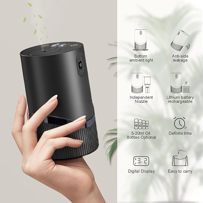 Waterless Essential Oil Diffuser -Aroma Diffuser, Portable Smart Scent Air Machine 1/2/3 & Continuous Mist, Anti-TIPP, Timer Setting and Auto-Off Function, (Black