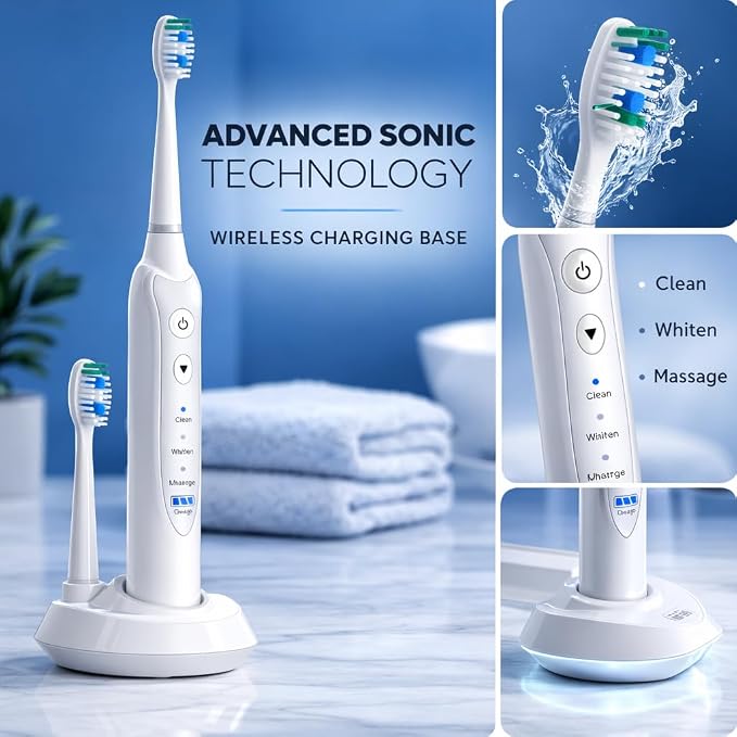 Sonic Electric Toothbrush for Adults, Rechargeable Power Toothbrush with 5 Replacement Heads, Travel Case, 3 Modes, 2 Minute Timer, IPX7 Waterproof Cordless Electric Toothbrush | White