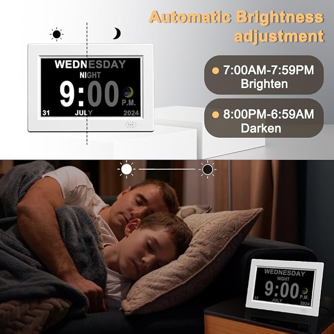CAZOKASI 8inch Extra Large Impaired Vision Digital Alarm Clock with Day and Time for Elderly DST Calendar Clock No Battery Plug-in Power Outage Memory Auto Dimmable Clock