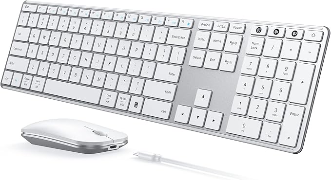 seenda Wireless Bluetooth Keyboard and Mouse Combo, SKM64-3 Rechargeable Slim Quiet Keyboard Mouse, 3 Multi-Device Connection, Compatible for Windows 11/10 PC Laptop Mac MacBook iPad, White Silver