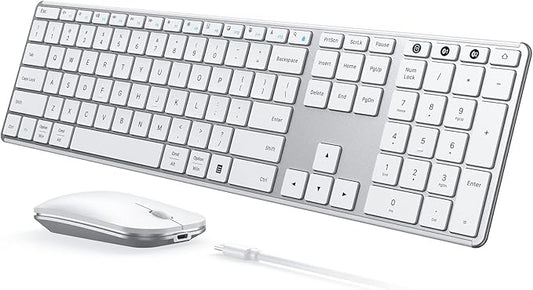 seenda Wireless Bluetooth Keyboard and Mouse Combo, SKM64-3 Rechargeable Slim Quiet Keyboard Mouse, 3 Multi-Device Connection, Compatible for Windows 11/10 PC Laptop Mac MacBook iPad, White Silver