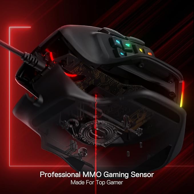 Redragon M811 Aatrox MMO Gaming Mouse, 15 Programmable Buttons Wired RGB Mouse w/Ergonomic Natural Grip Build, 10 Side Macro Keys, Software Supports DIY Keybinds & Backlit