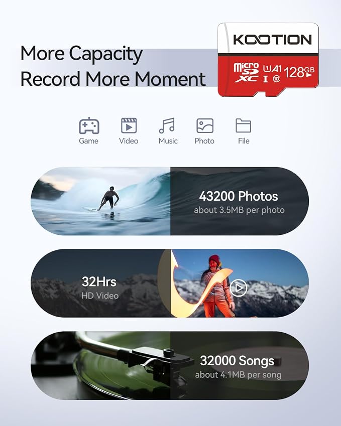 KOOTION 128GB MicroSDXC Memory Card, Class 10 Micro SD Card, U1, C10, High-Speed TF Flash Memory Card with Adapter