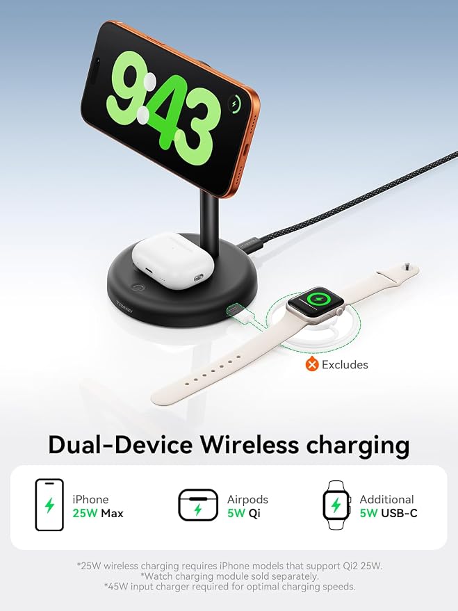 THREEKEY 25W Wireless Charger Stand: Qi2.2 Certified 2-in-1 Fast Charging Station for Apple with Cooling Fan - for iPhone 17/16/15/14/13/12 & AirPods Nightstand, Office, Desk (No Adapter)