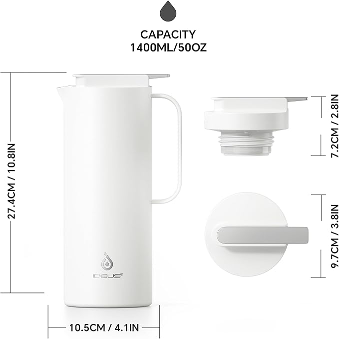IDEUS Thermal Coffee Carafe 50oz (1,400ml), Stainless Steel Double Wall Insulated Vacuum Flask, Water Jug Coffee Server and Beverage Dispenser, Heat and Cold Retention, White