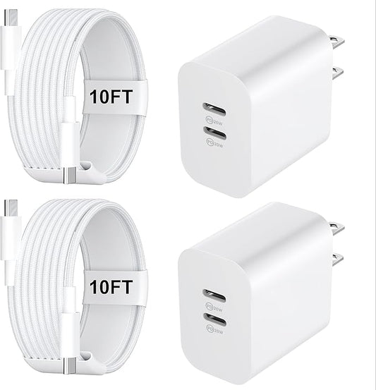 Fast Charger for 15 16 17 Pro Max, 10FT Nylon Braided USB C to C Charging Cable Cord & 20W Dual Port USB C Fast Charger Block for Phone 17 16 15 Pro Max/17 16 15/15 Plus,Android Phone-White