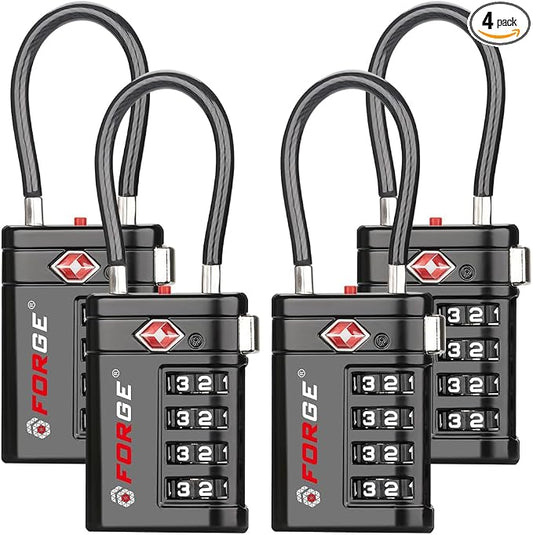 Forge Open Alert TSA Approved Luggage Locks 4 Digit Combination TSA Travel Locks with TSA008, Zinc Alloy Body for Luggage, Suitcase, Backpack, and More. Black 4 Locks.