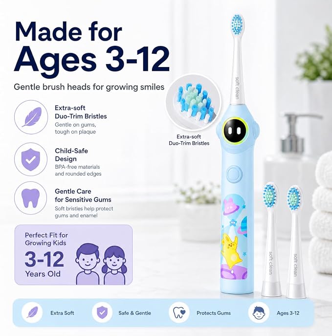 usmile Q30 Kids Sonic Electric Toothbrush, Voice-Guided Full-Mouth Coaching, Missed Spot Alerts & Smart App Reports, Extra-Soft Brush Heads, USB-C Rechargeable, IPX8 Waterproof (Ages 3–12, Blue)