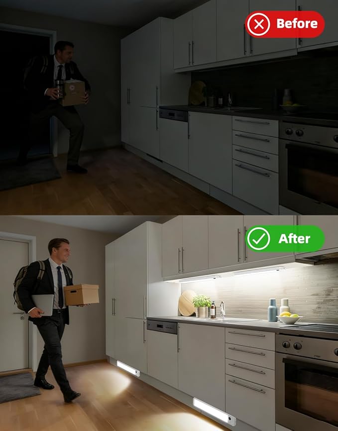 RUIKORING Under Cabinet Lighting, 3 Colors, Motion Sensor Light Indoor, LED Rechargeable Closet Lights Battery Operated, Dimmable Night, Stick-On Magnetic Cabinet Lights for Kitchen Stairs Hallway