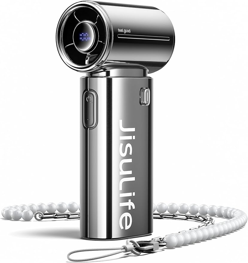 JISULIFE Portable Handheld Fan, Turbo Power High Speed Air [22H Max Cooling Time], 5 Gear Wind, 5000mAh Rechargeable, Mini Pocket Design, Personal Fan for Travel Concerts Camping Makeup - Chrome