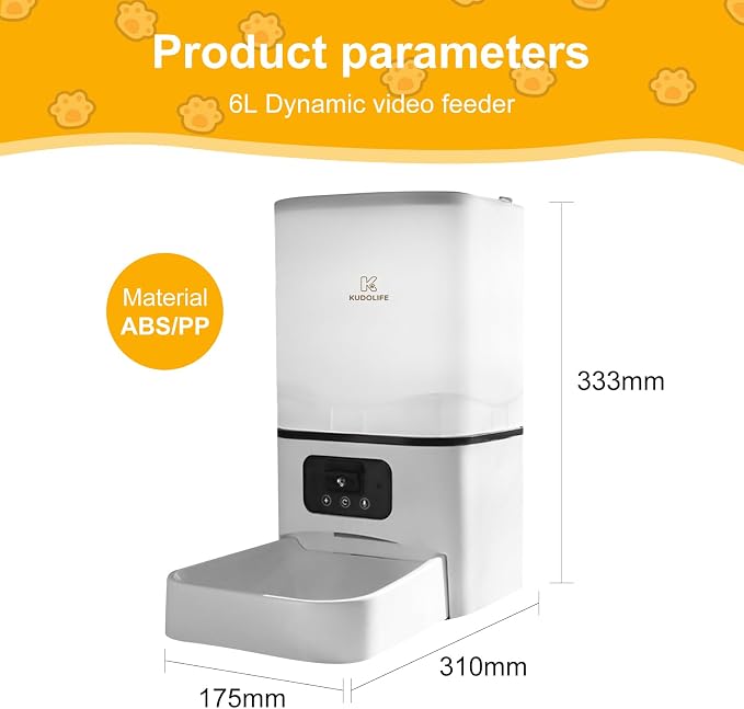 Automatic Cat Feeder with Camera Remote Control via WiFi Mobile APP, Video Viewing and Adjustment, 6L Food Bucket, 15-Second Audio Call for Pets to eat, Low Food Sensor Sound Alarm