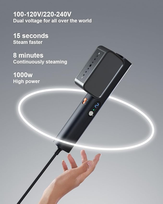 G7 2-in-1 Professional 100-240V Dual Voltage Steamer for Clothes and Iron for Clothes, Just 1lbs Lightly, 8 Minutes of Continuous Steam, 1000W Portable Steamer for travel and home(black)