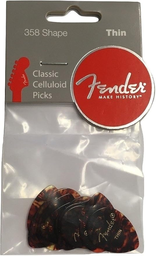 Fender Classic Celluloid Guitar Picks 358 Shape, Guitar Accessories, Tortoise Shell, Thin, 12-Pack