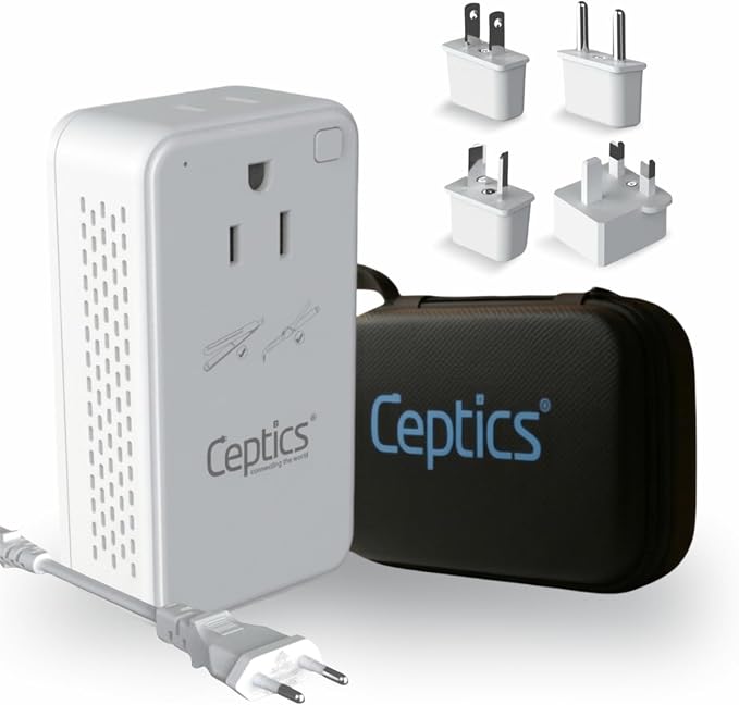 Ceptics 200W Step Down Voltage Converter - 220v to 110v Voltage Converter for Curling Iron, Straightener, Charger – USB-A & C Fast Charging – Type C Power Cord with A, G, I, E/F Plugs Included