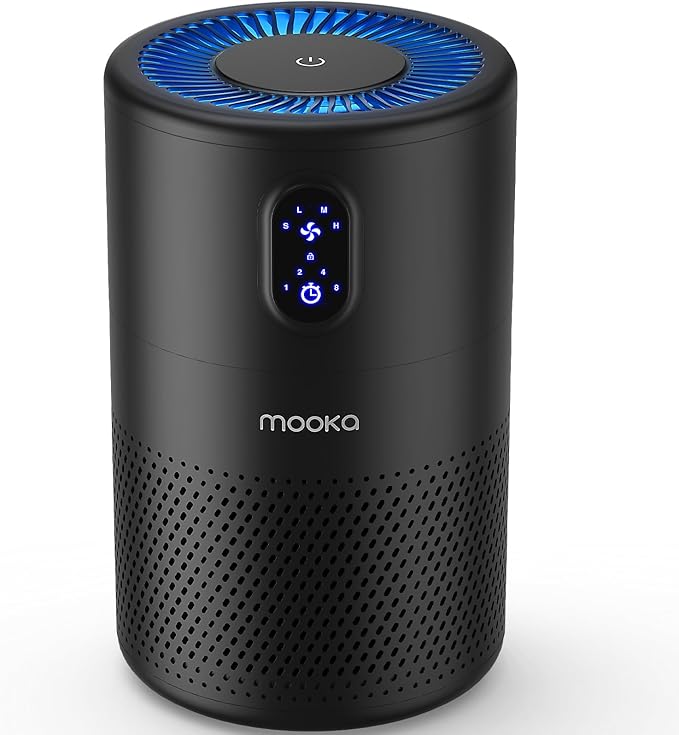 MOOKA Air Purifiers for Home Large Room up to 1076 ft², H13 True HEPA Air Filter Cleaner, Odor Eliminator, Remove Smoke Dust Pollen Pet Dander, Night Light, B-D02L Black