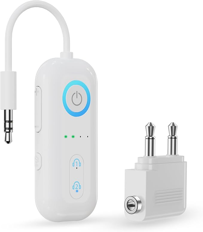 Bluetooth 5.4 Transmitter Receiver, Wireless Audio Adapter, Airplane Gadgets & Travel Essentials – for 2 Headphones, 20H Battery, aptX Low Latency, 3.5mm AUX Jack, for Car, TV, Home-Pearl