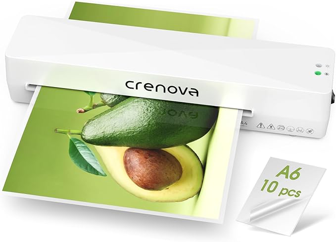 Crenova Laminator Machine with 10 Laminating Sheets, A4 Laminating Machine Hot & Cold with Fast Warm Technology, Thermal Laminator 9 Inch for Home Office School Business White