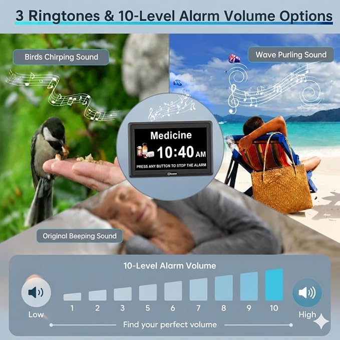 Soobest Dementia Digital Clock for Seniors Elderly, 20 Alarm Reminders 3 Ringtones for Memory Loss Alzheimers, Electric Time Date Day Large Display Calendar Clock, Auto DST, 1024 * 600P HD