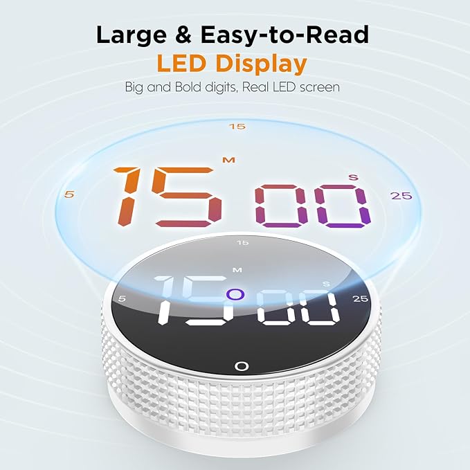 Upgrade Digital Kitchen Timer - 2 Pack Magnetic Countdown Countup Visual Pomodoro Timer with Large LED Display, 3-Preset Times, 3 Volume Levels, Ideal for Cooking, Baking and Fitness (2, White)