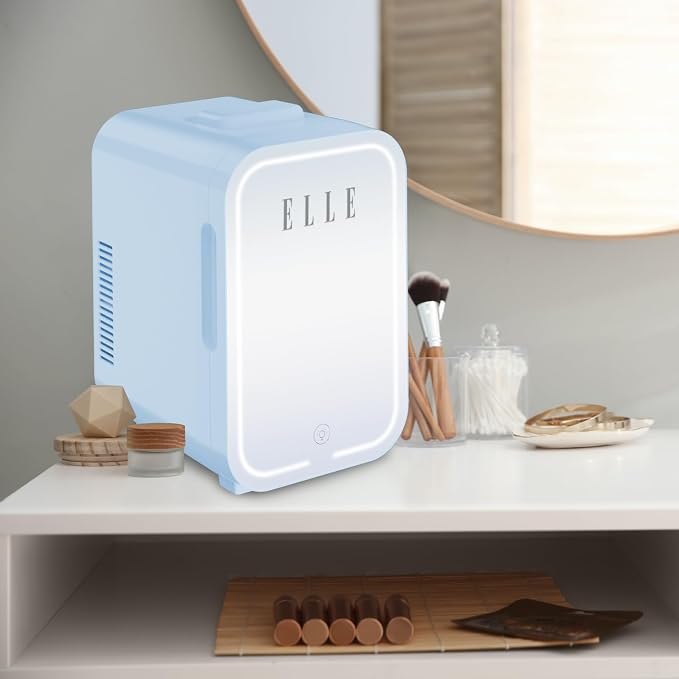 ELLE 8L Mini Cooler Fridge with LED Makeup Mirror for Skincare & Cosmetic Storage Cooler & Warmer Removable Shelf Carrying Handle AC DC Power Options Small Refrigerator for Bedroom Car Office Blue