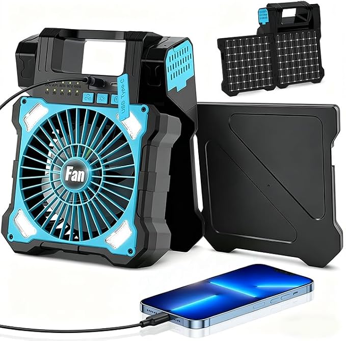 22000mAh Camping Solar Fan, Dual-Panel Rechargeable Solar Powered Fan with LED Light, 5 Adjustable Speeds Battery Powered Portable Fans, USB-C Fans for Travel Tent Home Camping Accessories