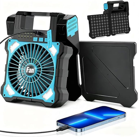 22000mAh Camping Solar Fan, Dual-Panel Rechargeable Solar Powered Fan with LED Light, 5 Adjustable Speeds Battery Powered Portable Fans, USB-C Fans for Travel Tent Home Camping Accessories