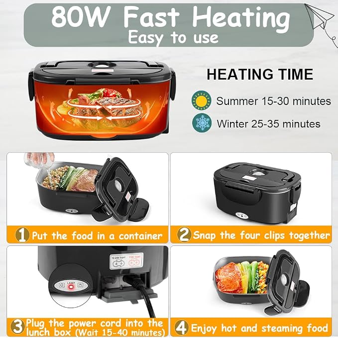 Electric Lunch Box for Adults - 1.5L Single/Double Layer Stainless Steel Food Warmer - 80W Fast PTC Heated Lunchbox, 12V/24V/110V Portable Food Heater for Car&Truck, Office, Camping, Travel(Black)