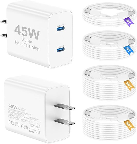 45W iPhone 17 16 15 Charger Fast Charging, 2Pack Dual Port USB C Charger Block with Long 60W 3/6/10/10FT USB C to C Cable, PD 3.0 Wall Charger Plug for iPhone 17/16 Pro Max/15 Series/iPad Pro