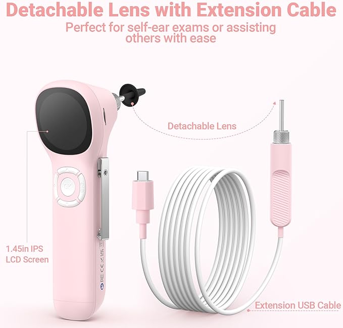 ScopeAround Digital Otoscope w/IPS Screen, 720p HD Smart Video Otoscope with Light, Ear Scope Otoscope with Camera Ear Wax Removal Camera, Ear Checker, Power On and Go, Pink