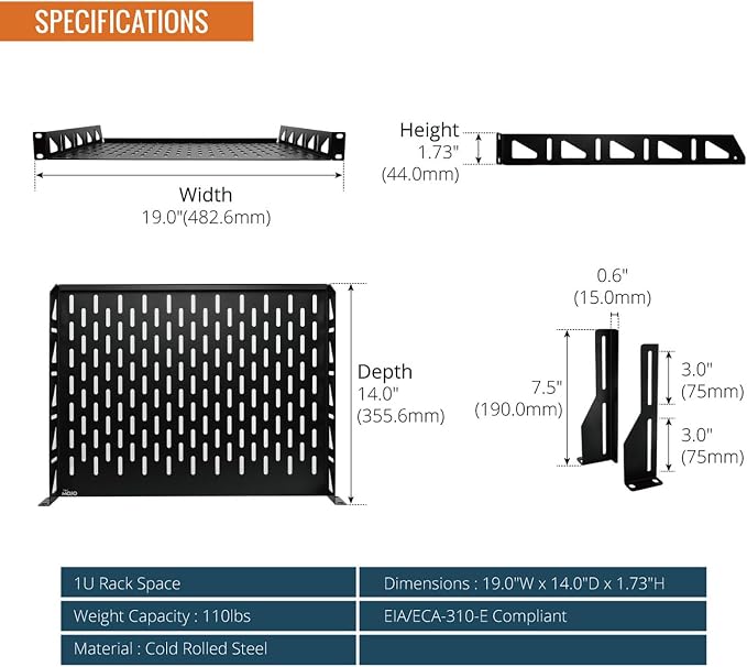 Tecmojo 1U Rack Shelf,19 inch Rack Shelf 14 inch Depth,Rack Mount Shelf with Anti-Slip Stops,Server Rack Shelf and Network Shelf for 19in Equipments, 110lbs Capacity of Vented 1U Shelf,No Lip(2 Pack)