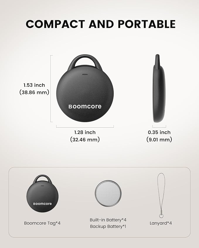4-Pack Tracker Tags for iOS (Not for Android), Louder Sound Key Finder with an Extra Replacement Battery, Item Finder Air Tracker Smart Tag for Keys, Wallet, Suitcase, Luggage