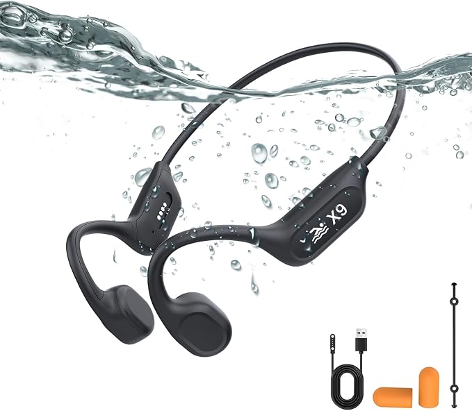 Swimming Headphones - Bone Conduction Bluetooth 6.0 Open Ear Sports Headset, IP68 Waterproof Built-in MP3 Player 32G Memory, for Running, Cycling (Black)