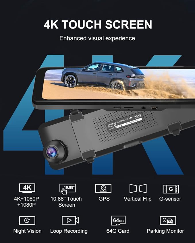 4K 3 Channel Mirror Dash Cam with Mirror Dash Cam Hardwire Kit, 24H Parking Monitor 11" Triple Rear View Mirror Dash Camera Front Inside Rear, Night Vision, Free 64GB Card, WDR, GPS, G-Sensor