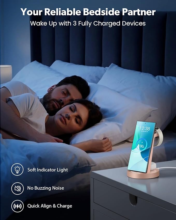 Wireless Charger for Samsung: 3 in 1 Wireless Charging Station for Samsung Galaxy Watch 8 7 6 5 4 3 Pro Classic Galaxy Buds - Rose Gold
