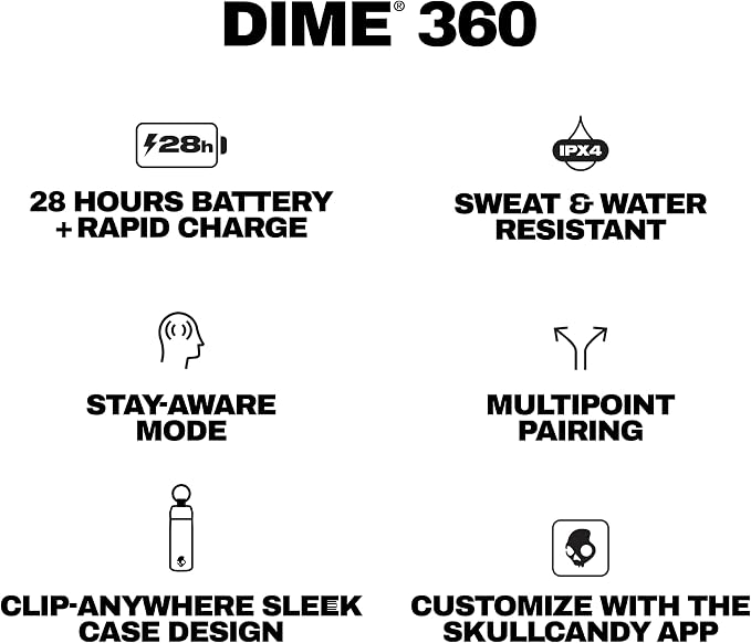 Skullcandy Dime 360 Wireless Earbuds, Bluetooth Headphones, Noise Isolating Fit, Up to 28 Hours Battery, Microphone for iPhone Android, Easy Carry with Clip-Anywhere Case - True Black