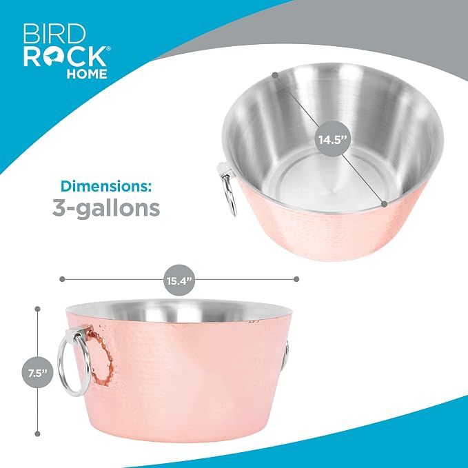 BIRDROCK HOME Hammered Stainless Steel Copper Beverage Tub with Handles - Double Wall Insulated 3 Gallons - Metal Drink Cooler & Ice Bucket for Parties - Outdoor Aluminum Holder for Bottles & Soda