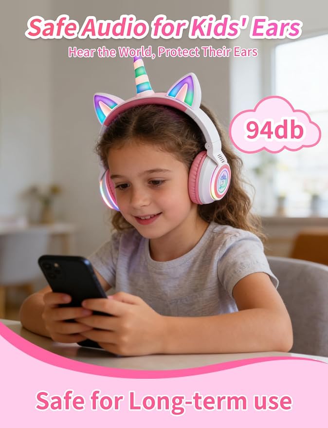 Upgrade Unicorn Headphones for Girls, Kids Bluetooth Wireless Headphones with 7 Colour Flash Light, 93dB Volume Limited, for Toddlers Tablet/iPad/Amazon Fire, Birthday Gifts, (White Pink)