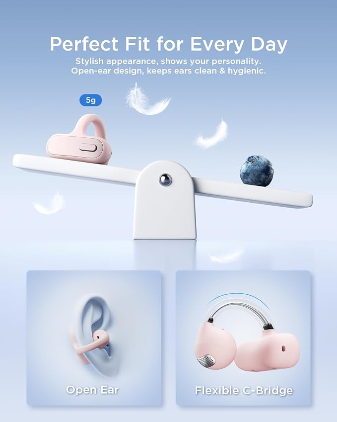 TALIX Open Ear Clip-On Earbuds X8 with AI ENC & Powerful Bass, Wireless Bluetooth 6.0, IPX4 Sweatproof Fitness Headphones, Physical Buttons, 5g Lightweight Ear Buds with Multi-Device Switching, Pink