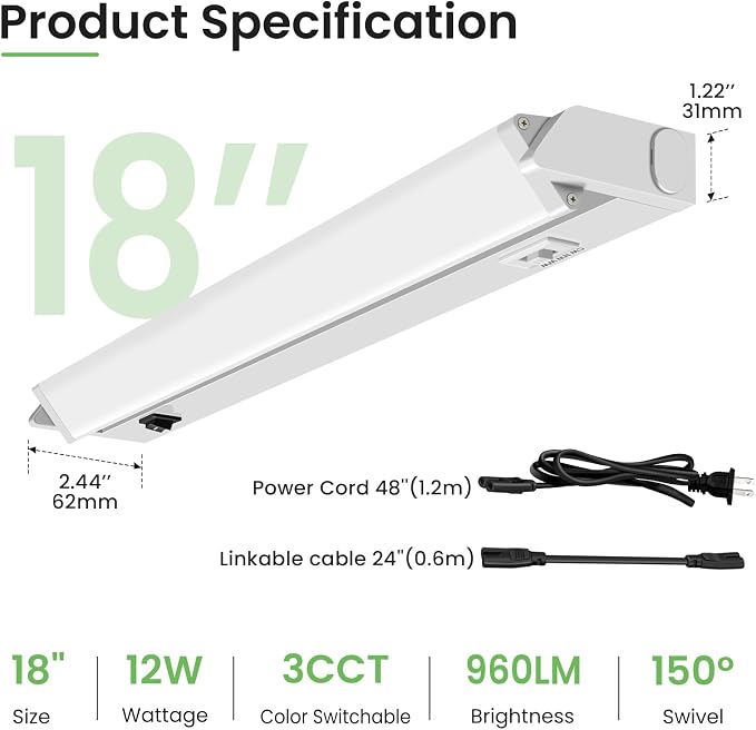 ALUSSO Under Cabinet Lighting, 18 Inch Linkable LED Under Cabinet Lights with Plug, 150° Swivel Light Bar, 3 Color Temperatures (3000K/4000K/6500K), 12W 960Lumen, for Kitchen Counter, Closet - 2 Pack