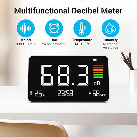 Digital Decibel Meter, Sound Level Meter Tester 30-130 dB Meter Desktop Temperature Humidity Noise Alarm Time for Home, Classroom, Studio, Factory