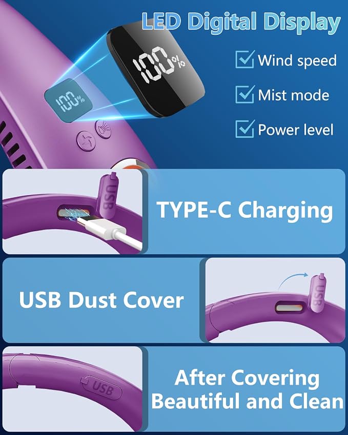 Portable Neck Fan Rechargeable,Bladeless Misting Fan Around Neck Fans that Blow Cold Air,Wearable Cooling Fan Mister Over the Neck,Headband Mobile Nevk Cooler Best Gifts for Women Men Adults Purple