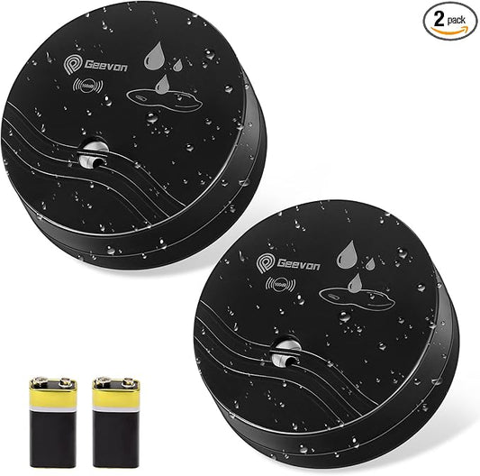 Geevon 2 Pack Water Leak Detectors, 100dB Water Sensor Alarms Flood Detector for Basements, Bathrooms, Laundry Rooms, Kitchens, Garages, and Attics, Water Alarms Battery-Operated (Battery Included)