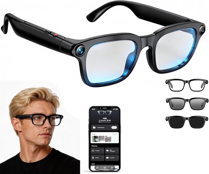 Smart Glasses with Camera, 4K HD Video, 1080P Video Recording & Photo Capture, Open-Ear Bluetooth Audio, AI Translation & Voice Assistant, Dual Lens Wearable Sunglasses for Travel Sports