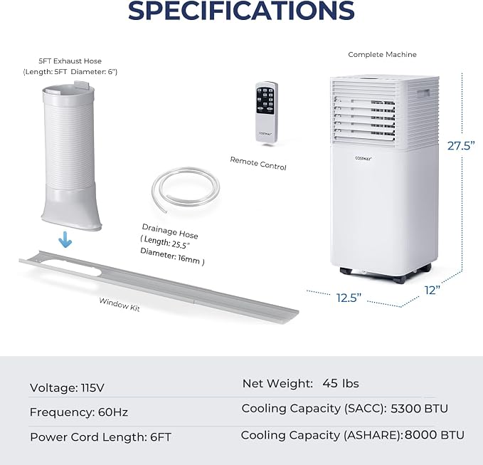 COSTWAY Portable Air Conditioner, 8000 BTU Ac Unit Spaces up to 230sq.ft, with Remote Control, 24H Timer & Window Venting Kit, Sleep Mode, Suitable for Bedroom, Living Room, Office (8000BTU, White)