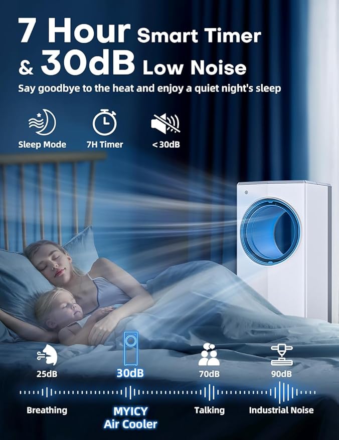 Windowless Air Conditioner, 27" Bladeless Evaporative Air Cooler with 4 Modes & 3 Speeds, Double Tanks, 4 Ice Packs, 25FT Remote,7H Timer, Portable Swamp Cooler Air Conditioner No Window Needed