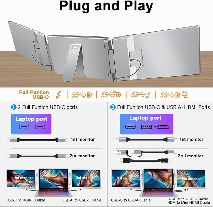 14" Laptop Screen Extender, FHD IPS Dual Screen Portable Monitor for Laptop, USB-C/HDMI Plug & Play Triple Screen Monitor Extender for 12"-16.5" Laptops, Compatible with Win and MacOS-S7,Gray