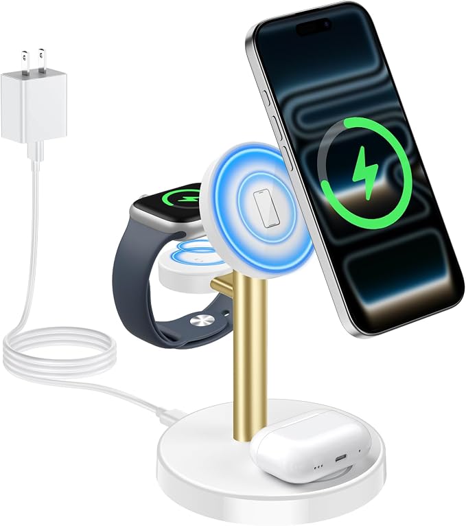 Aeinidi 2026 3 in 1 Wireless Charging Station Compatible with MagSafe Charger Stand, 15W Fast Magnetic Mag-Safe Charger for iPhone 17 16 15 14 13 12 Series Apple iWatch AirPods Pro 4 3 2, WhiteGold