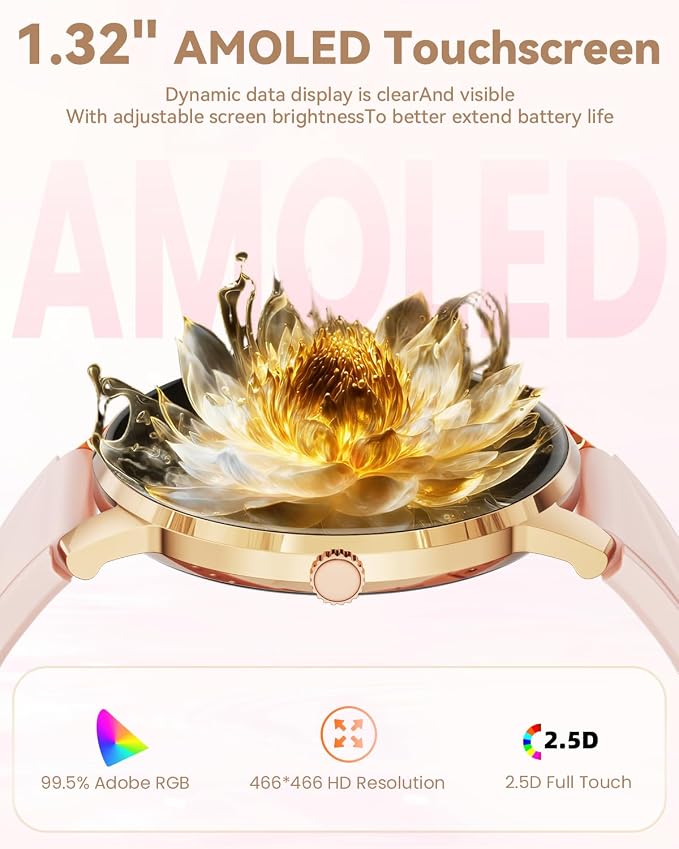 Smart Watches for Women (Android/iPhone), 1.32'' AMOLED Smart Watch with Make/Answer Call, Heart Rate, SpO2, Sleep Monitor, 110+ Sport Modes Fitness Tracker Watch, 2Bands