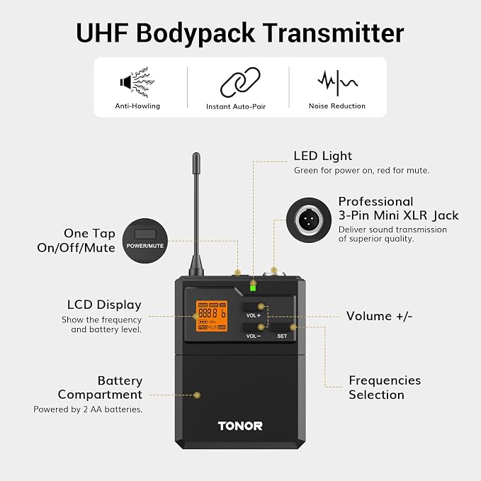 TONOR Wireless Microphones System with Metal 1 Cordless Mic and 1 Headset/Lapel/Lavalier Mic, Bodypack Transmitter, Receiver for Karaoke Church Singing Party PA Speaker, 2*15 Channels 60 m/200ft Range
